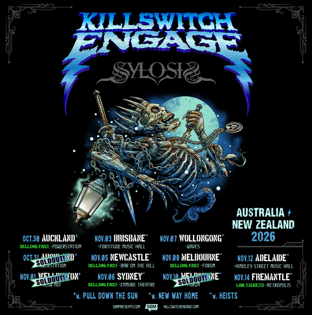 Killswitch Engage 2026 Australia and New Zealand tour poster with Sylosis, listing concert dates in Auckland, Sydney, and Melbourne.